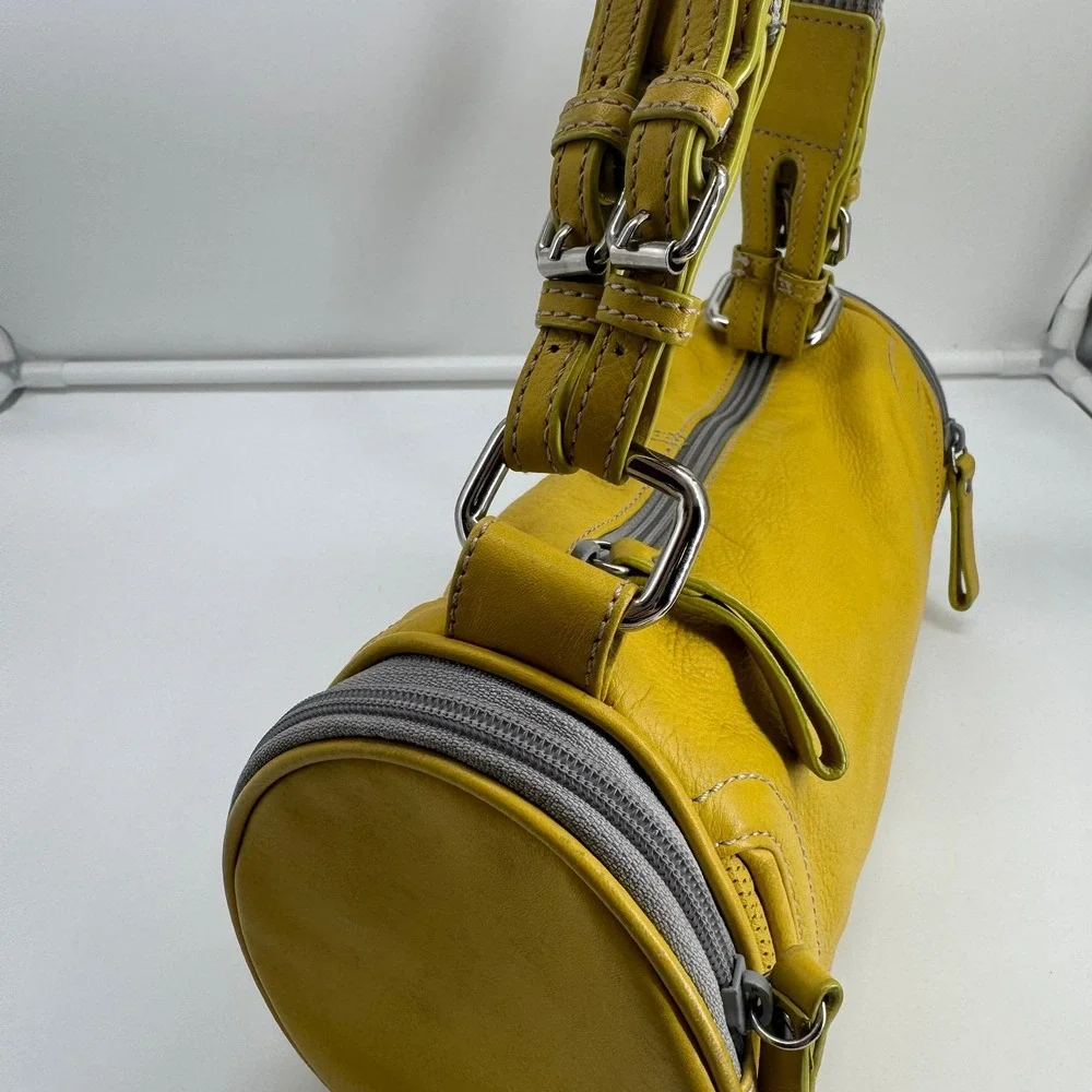 Vintage Kenneth Cole Reaction Mustard Yellow Leather Barrel Shoulder Bag Purse